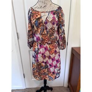 GLAM Women's sz L Boho Tie Dye Printed Dress Slit Sleeve V Faux Wrap